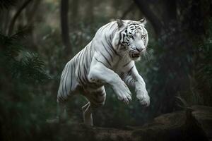 excité blanc tigre fonctionnement et sauter dans le jungle avec vert les plantes sur le Contexte. génératif ai. photo