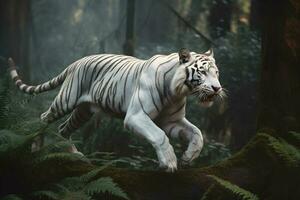excité blanc tigre fonctionnement et sauter dans le jungle avec vert les plantes sur le Contexte. génératif ai. photo