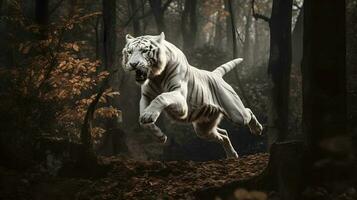 excité blanc tigre fonctionnement et sauter dans le jungle avec vert les plantes sur le Contexte. génératif ai. photo