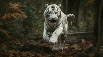 excité blanc tigre fonctionnement et sauter dans le jungle avec vert les plantes sur le Contexte. génératif ai. photo