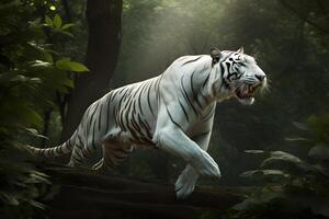 excité blanc tigre fonctionnement et sauter dans le jungle avec vert les plantes sur le Contexte. génératif ai. photo