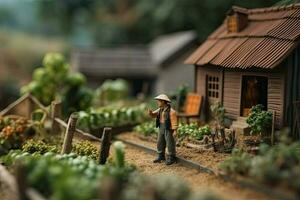miniature asiatique agriculteur travail dans champ. village diorama. jouet ferme dans été et vieux homme. concept de récolte établi avec génératif ai La technologie photo