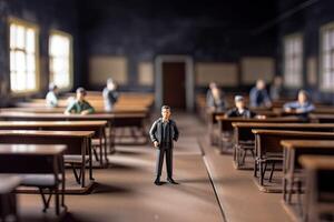 miniature école professeur. peu jouet homme des stands dans milieu de salle de cours avec bureaux et les tables. concept de éducation, formation établi avec génératif ai La technologie photo