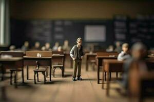 miniature école professeur. peu jouet homme des stands dans milieu de salle de cours avec bureaux et les tables. concept de éducation, formation établi avec génératif ai La technologie photo