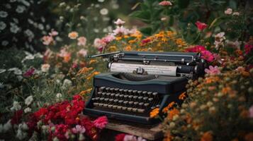 machine à écrire et fleurs. concept de la créativité, en écrivant. rétro ancien instrument de poète et écrivain établi avec génératif ai La technologie photo