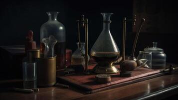 alchimique tableau. équipement et décorations de magicien et sorcier pour chimie. table avec la magie verre bouteilles. rétro ancien ancien médical Bureau établi avec génératif ai La technologie photo