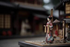 miniature geisha dans kimono. Japonais asiatique diorama. petit femme dans traditionnel costume établi avec génératif ai La technologie photo