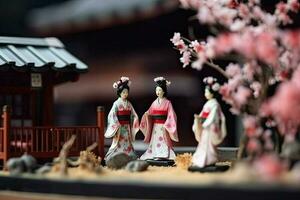 miniature geisha dans kimono. Japonais asiatique diorama. petit femme dans traditionnel costume établi avec génératif ai La technologie photo