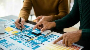 ui designer ux développeur etbrainstorming à propos mobile app interface filaire conception avec client bref et Couleur code. photo