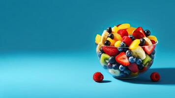 fruit salade dans une bleu bol sur une bleu Contexte. espace pour texte, maquette, copie espace. génératif ai photo