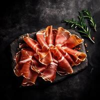 Espagnol jamon jambon, prosciutto fermer isolé sur noir Contexte copie espace, génératif ai photo