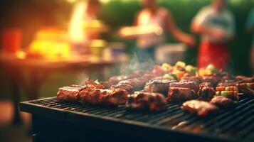 barbecue fête à arrière-cour avec flou gens Contexte. génératif ai photo