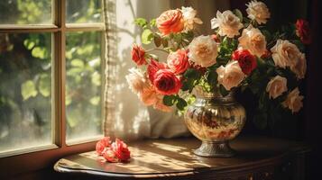 des roses dans vase sur vieux table avec fenêtre éclairage dans une Matin. génératif ai photo