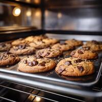 Chocolat biscuits sur plateau fermé en haut et sélectif se concentrer. génératif ai photo