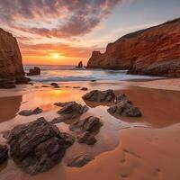 esthétique le coucher du soleil vue dans tropical plage sables mer l'eau écoulement ai généré photo