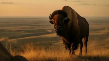 une majestueux américain bison permanent un haut une rocheux affleurement photo