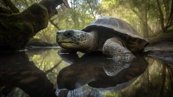 une grandiose galapagos tortue progressivement navigation ses façon par une verdoyant, tropical forêt photo