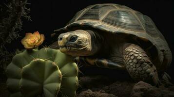 une galapagos tortue, grutage ses cou à le banquet sur une cactus, ses robuste coquille contrastant avec le doux Floraison photo