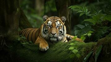 une Bengale tigre, ses sens rehaussé, yeux intensément arpentage le alentours pour cachette danger photo