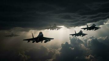 une escadron de combattant jets fléchettes par une nuageux ciel, en quittant les sentiers de blanc fumée contre le vibrant bleu Toile photo