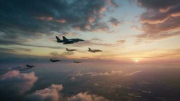 une escadron de combattant jets planant par une ciel peint avec doux, couleur pastel des nuages à le coucher du soleil photo