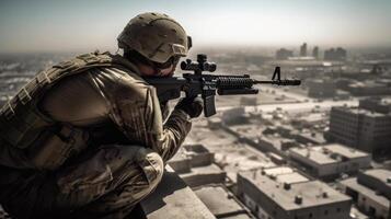 une soldat en portant une position sur une toit, avec une panoramique vue de le champ de bataille dessous, capturer le soldats' compétence et précision comme elles ou ils prendre objectif à ennemi cibles photo