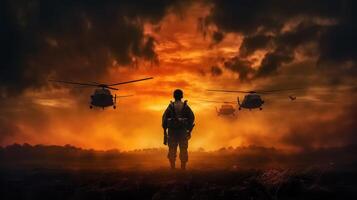 six militaire silhouettes sur le coucher du soleil ciel Contexte photo