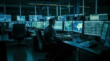 militaire surveillance officier travail sur une ville suivi opération dans une central Bureau centre pour cyber contrôle et surveillance photo