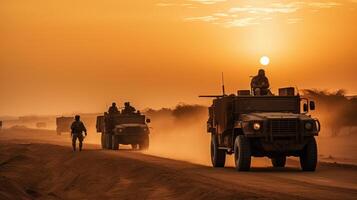 militaire et hélicoptère troupes sur le façon à le champ de bataille à le coucher du soleil. le convoi, une collection de militaire jeeps, camions, et hélicoptères, se déplace comme une rivière de acier contre le poussiéreux terrain photo