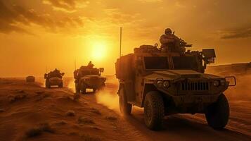 militaire et hélicoptère troupes sur le façon à le champ de bataille à le coucher du soleil photo