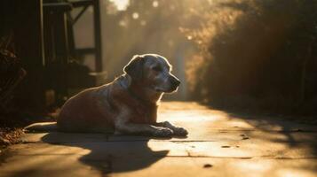 une chien élongation en dehors sur une chaud pièce de lumière du soleil photo