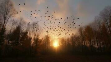 une troupeau de des oiseaux migrer retour à le forêt après hiver photo