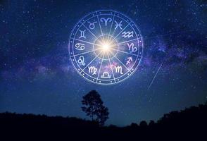 signes du zodiaque à l'intérieur du cercle de l'horoscope. astrologie dans le ciel avec de nombreuses étoiles et lunes concept d'astrologie et d'horoscopes photo