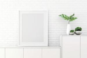 Rendu 3D d'une maquette de design d'intérieur pour salon avec cadre photo sur mur blanc