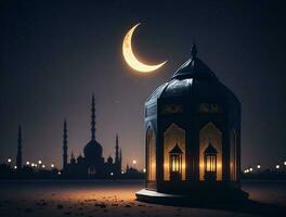 ornemental arabe lanterne avec brûlant bougie embrasé à nuit. musulman saint mois Ramadan kareem photo