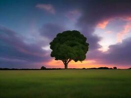 herbeux paysage avec une arbre croissance en dessous de une assombri ciel généré par ai photo