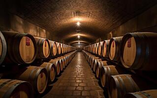 en bois barils dans une du vin cave, établi avec génératif ai photo