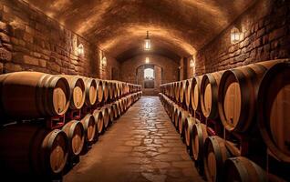 en bois barils dans une du vin cave, établi avec génératif ai photo