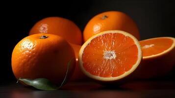 certains de Orange fruit et certains Couper de Orange fruit sur studio foncé Contexte. ai généré photo