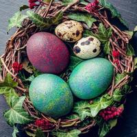 oeufs de pâques avec décoration.oeufs de caille et de poule dans un nid d'oiseaux. photo