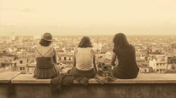 copains séance sur une toit, en train de regarder le ville horizon et souvenir à propos leur aventures ensemble, généré par ai photo