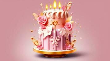 rose anniversaire gâteau 3d conception sur rose Contexte photo