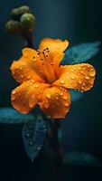 magnifique Orange hibiscus fleur avec l'eau gouttes sur foncé Contexte ai généré photo