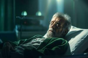 portrait de Sénior homme mensonge sur hôpital lit et écoute à la musique ai généré photo