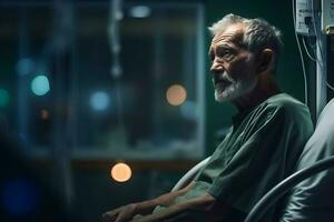 portrait de une Sénior patient séance dans hôpital lit à nuit ai généré photo