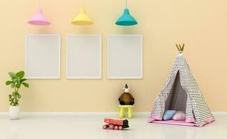 moquer en haut des gamins pièce intérieur décoré, mur dans enfant pièce avec image cadre, 3d le rendu photo