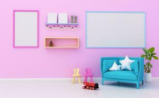 moquer en haut des gamins pièce intérieur décoré, mur dans enfant pièce avec image cadre, 3d le rendu photo
