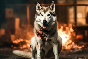 rauque chien posant pour le caméra dans de face de le Feu ,génératif ai photo