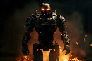 acier guerrier armée des robots sur le Contexte de ardent explosions ,génératif ai photo