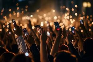 une foule de gens à une vivre événement, concert ou fête en portant mains et les smartphones en haut ,génératif ai photo